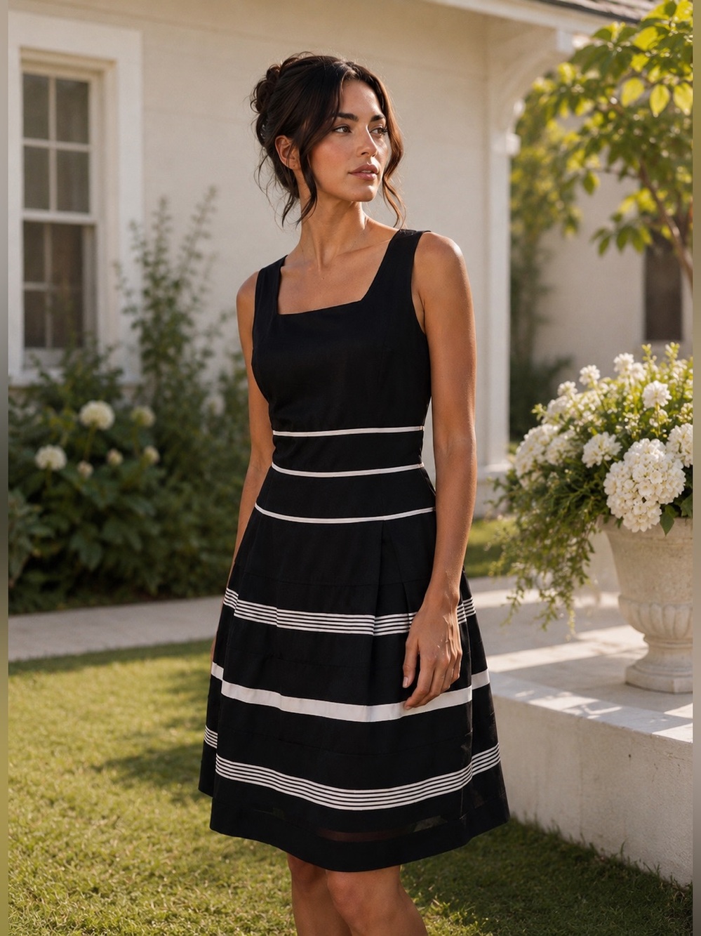 Ann Taylor Black Fit & Flare Dress Size 6 NWOT Sleeveless Striped Cotton
